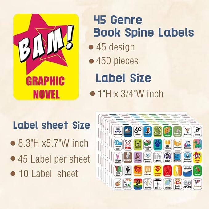 45 Genre Book Spine Labels for Library | Classroom Library Classification Stickers 450pcs