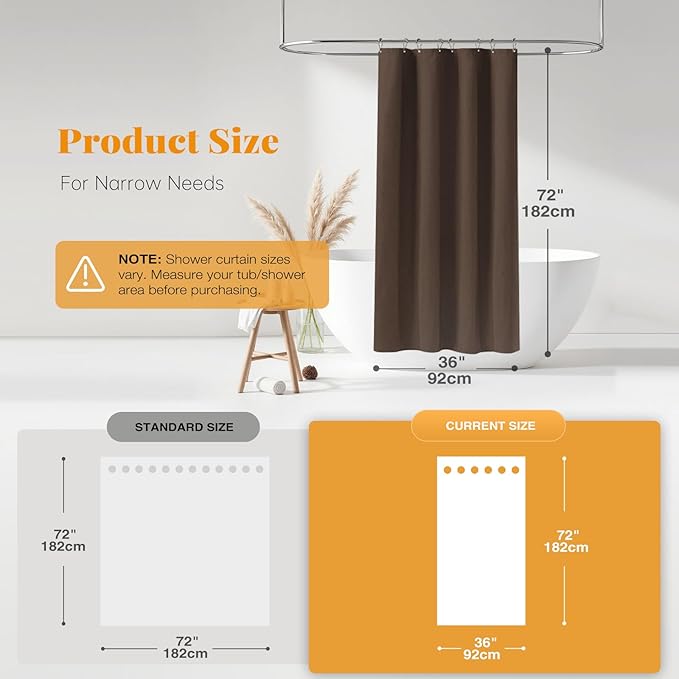 BTTN Fabric Shower Curtain, Linen Textured Heavy Duty Polyester Cloth Shower Curtain Set with Plastic Hooks, Brown, 36" W x 72" L (Pack of 1)