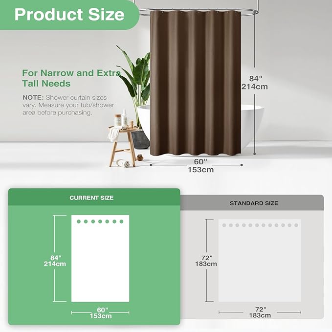 Dynamene Stall Fabric Shower Curtain - 60 x 84 inch Long Waffle Weave Weighted Thick Cloth Shower Curtains for Bathroom, Neutral Heavy Duty Hotel Spa Luxury Bath Curtain Set with 10 Hook, Brown