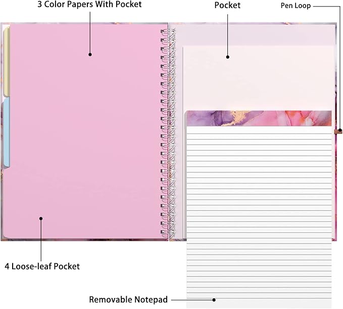 Rimilak Spiral Clipboard Folio with Refillable Lined Notepad, 14.5 x 9.8 in, Hardcover Cover with 5 Interior Pockets, Elastic Band and Pen Loop Series. Cute Stylish Clipfolio, Pink Gold Marble