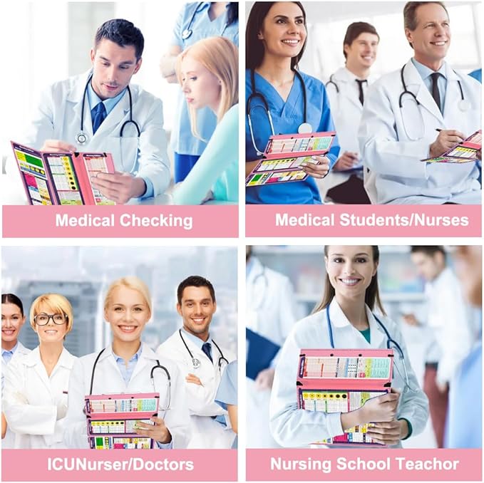 Vuzvuv Nursing Foldable Plastic Clipboard 3 Layers with Medical Edition Cheat Sheets, Pink Pocket Foldable Nurse Clip Boards Notepad for Students,Doctors and Medical Staff