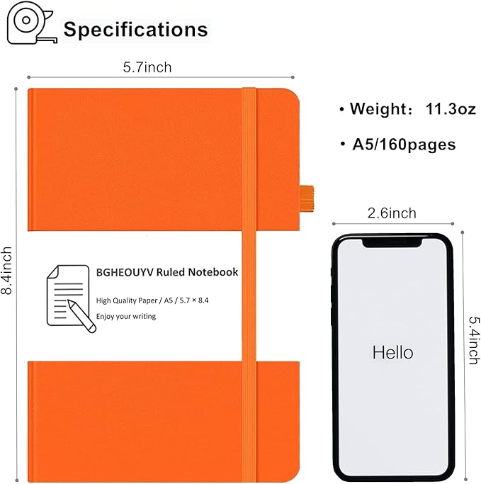 Notebook Journal, College Ruled Notebook Lined A5 160 Pages,Hard Cover Journals for Writing, Notebooks for Work Office School Women Men,5.7 inches x 8.4 inches(Orange)