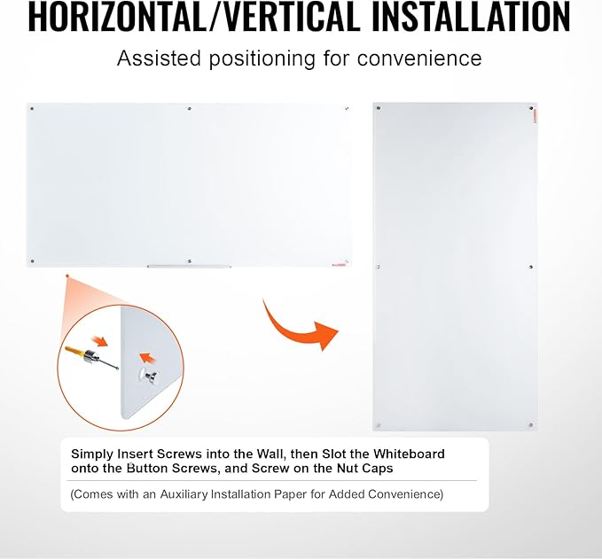 VEVOR Magnetic Glass Writing Board, Erasable 72"x36" Surface, Frameless Wall Installation, Includes Marker Holder, a Cleaning Tool, and 2 Writing Pens, White