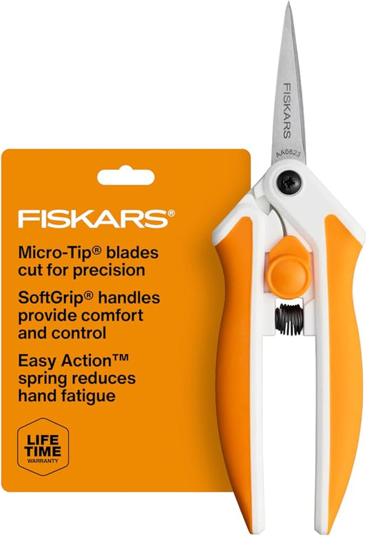 Fiskars Micro-Tip Spring Assisted Scissors, Precision Cutting Stainless Steel Blades, Comfort Handle, Cut Details in Fabric, Sewing Scissors and Arts and Crafts Tools