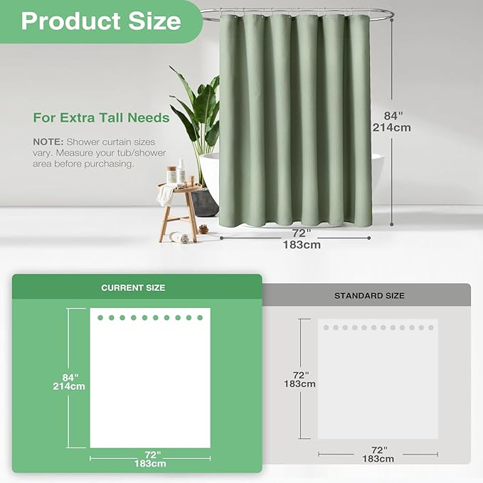 Dynamene Extra Long Shower Curtain,84 Inch Long Waffle Weave Weighted Thick Fabric Bathroom Shower Curtain, Heavy Duty Large Hotel Bath Curtain Set with 12 Plastic Hooks,72x84,Sage Green