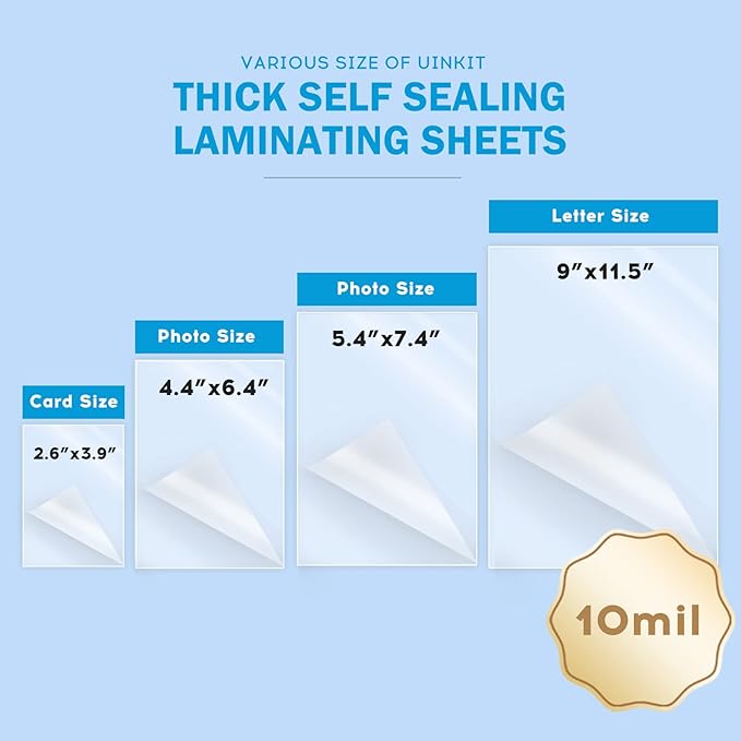 Uinkit 10mil Thicker Self Sealing Photo Laminating Pouches 5 x7", 20Pack Double-Sided for Recipe Cards & Photos, Waterproof Plastic Sleeves to Preserve Pictures, Index Flashcards