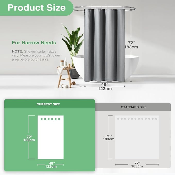 Dynamene Stall Fabric Shower Curtain - 48 inch Wide Waffle Weave Weighted Thick Cloth Shower Curtain for Bathroom, Neutral Heavy Duty Hotel Spa Luxury Bath Curtain Set with 8 Hook, 48x72, Grey/Gray