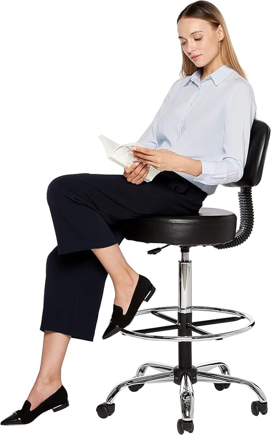 Amazon Basics Multi-Purpose Adjustable Drafting Spa Bar Stool with Sturdy Foot Rest, Back Support Cushion, 360° Swivel and Wheels, Black