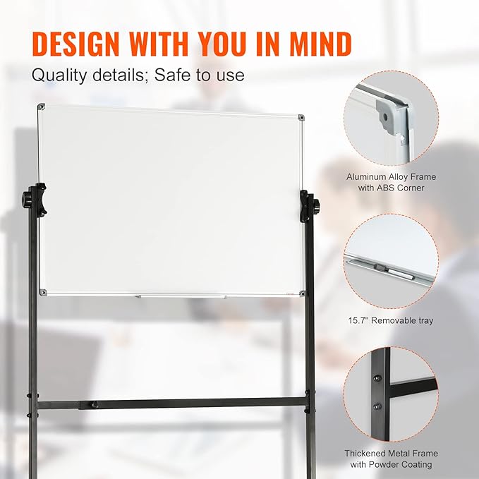 VEVOR Rolling Magnetic Whiteboard, Double-Sided Mobile Whiteboard 36x24 Inches, 360° Reversible Adjustable Height Dry Erase Board with Wheels & Movable Tray for Office, School