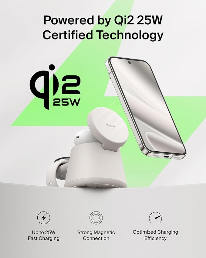 Belkin 3-in-1 Wireless Charging Station for Samsung Galaxy S26, Android - Qi2.2 25W Magnetic Charger for Pixel 10, iPhone 17, USB C Port for Galaxy, Pixel, & Apple Watch (Watch Charger Not Included)