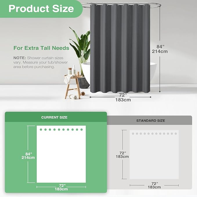 Dynamene Extra Long Shower Curtain - 84 Inch Long Charcoal Grey Waffle Weave Heavy Duty Fabric Bathroom Shower Curtain, Neutral Weighted Hotel Thick Bath Curtain Set with 12 Plastic Hooks,72x84