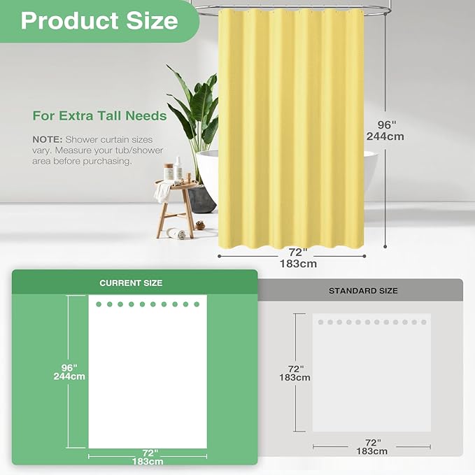 Dynamene Extra Long Shower Curtain - 96 Inch Long Waffle Weave Weighted Thick Cloth Bathroom Shower Curtain, Neutral Heavy Duty Hotel Bath Curtain Set with 12 Plastic Hooks,72x96, Yellow