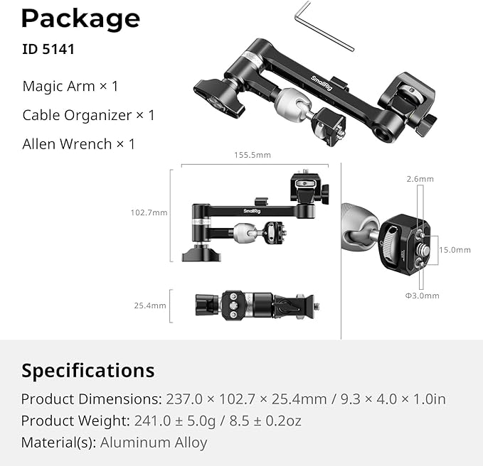 SMALLRIG Magic Arm with 360° Ball Head & Damping Arm, Monitor Mounts Designed for Shoulder or Tripod Shooting, Built-in Cable Organizer, 2.0kg (4.4lb) Load, 145mm (5.7") Length 5141