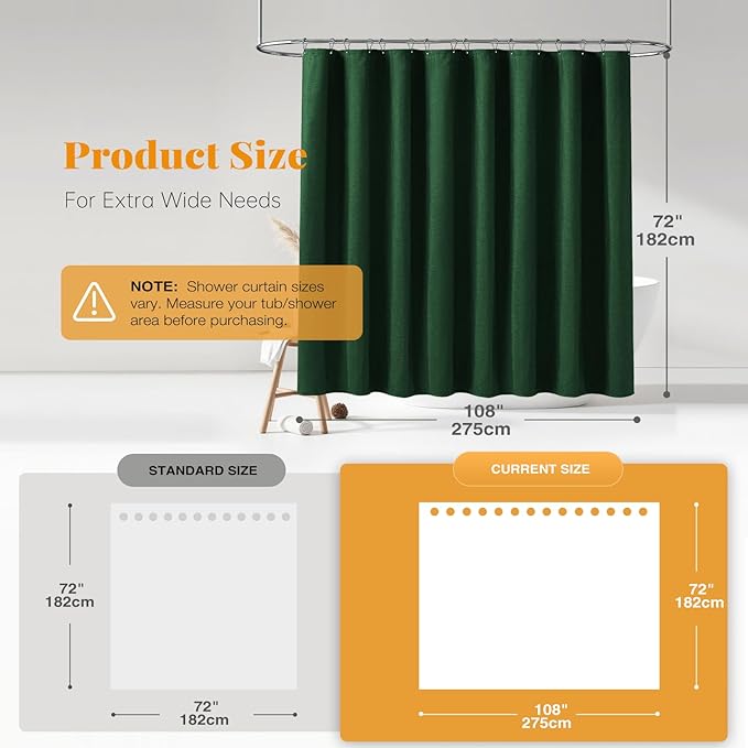 BTTN Extra Wide Shower Curtain - 108x72 Inch Linen Textured Waterproof Fabric Shower Curtain Set with 18 Plastic Hook, Large Modern Farmhouse Cloth Bathtub Shower Curtains for Bathroom - Emerald Green