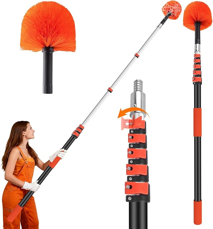30FT Cobweb Duster with Extension Pole - High Reach Duster for High Ceilings & Outdoor Use - Telescoping Pole 5-24 Ft, Soft Bristles Cobweb Cleaner - 3/4" Acme Universal Thread