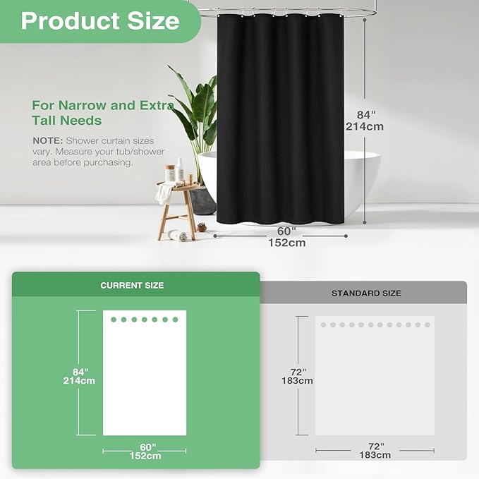 Dynamene Stall Fabric Shower Curtain - 60 x 84 inch Long Waffle Weave Weighted Thick Cloth Shower Curtains for Bathroom, Neutral Heavy Duty Hotel Spa Luxury Bath Curtain Set with 10 Hooks, Black