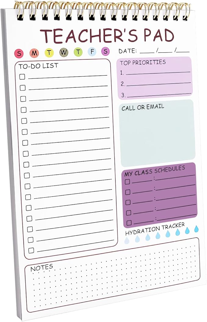 Teacher To Do List Notepad, 8.3x5.8 Inch Teacher Notepad, Spiral Checklist Notebook for Class Schedules, Daily Planner, School Tasks and Goal Setting (Purple)
