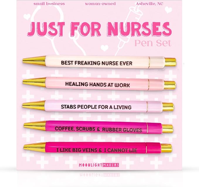 Moonlight Makers Funny Pens and Notepad Stationery Set - Set of 5 Just For Nurses Engraved Ballpoint Pens with Black Ink, To Do Or Not To Do Notepad, Cute Desk Supplies & Funny Work Gifts for Women