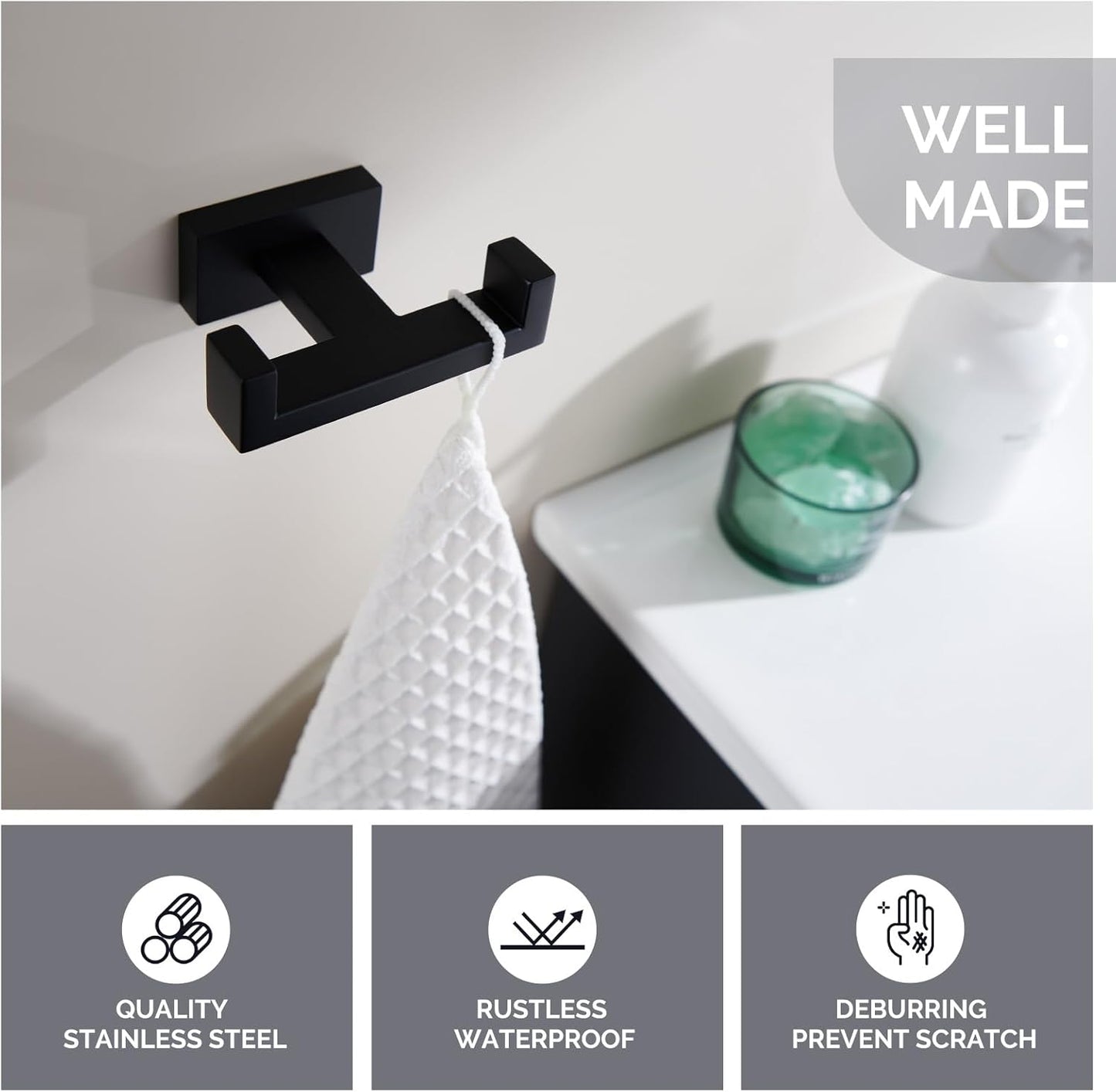 Angle Simple Double Towel Hook Matte Black, Stainless Steel Bathroom Towel Holder, Coat Robe Hook Wall Mount