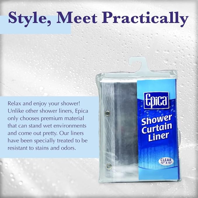 Epica Shower Curtain – Strongest Heavy-Duty Clear Vinyl 72x72 Shower Curtain Liner – Stain & Soap Scum Resistant with Rust-Proof Metal Grommets (Clear)