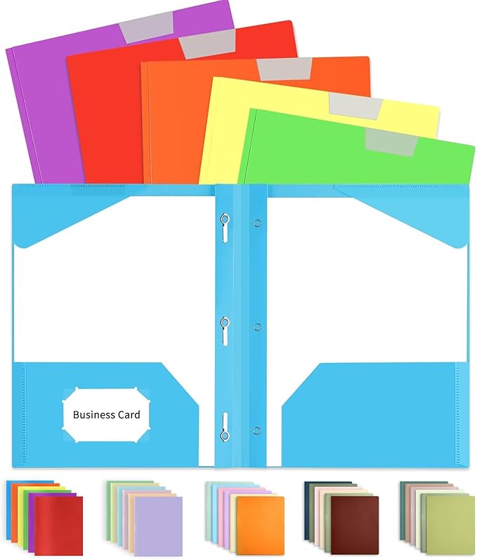 Sooez 6 Pack Plastic Folders with Pockets and Prongs, 3 Prong Folders with Writable Label, Heavy Duty 2-Pocket Folder with Brads, Letter Size Colored Folder Back to School Supplies
