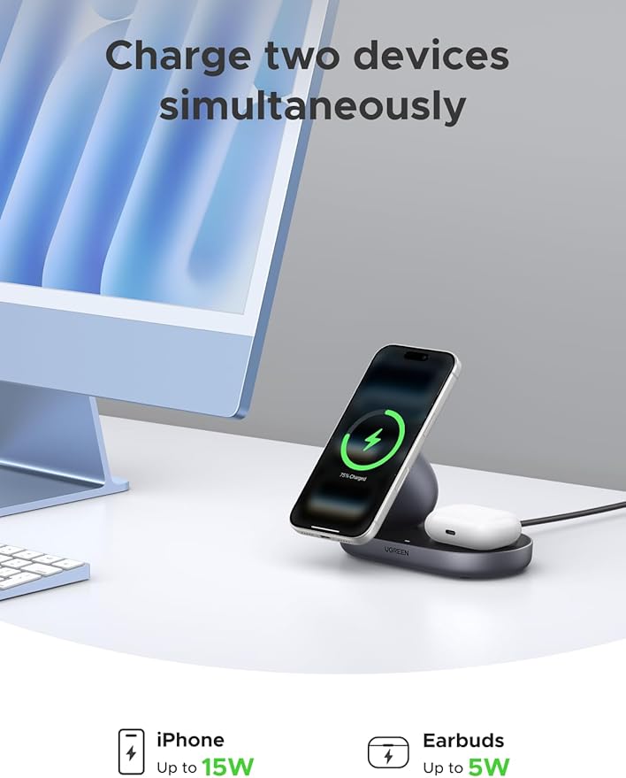 UGREEN Qi2 15W Wireless Charger 2-in-1, MagSafe Compatible Fast Charging Stand for iPhone 17 16 15 14 13 12 Series and AirPods, Fixed Viewing Angle, Compact Desktop Charging Station