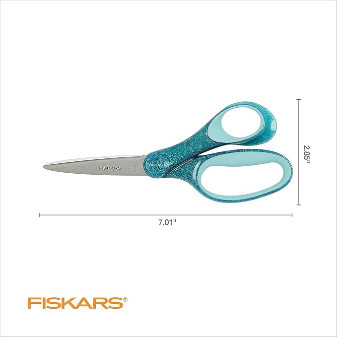 Fiskars 7" Student Glitter Scissors for Kids Ages 12-14 (2-Pack), Scissors for School or Crafting, Back to School Supplies, Black and Turquoise