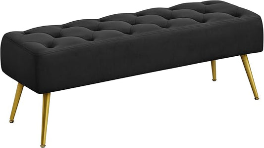 Yaheetech 45" Black Ottomans, Velvet End of Bed Bench, Ottoman Foot Rest with Gold Legs for Living Room, Bedroom, Entryway, Black