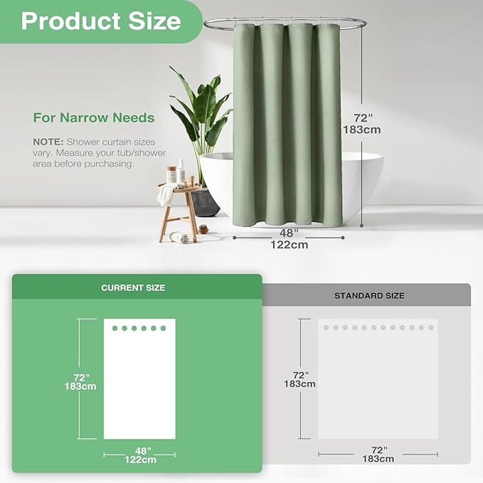 Dynamene Stall Fabric Shower Curtain - 48 inch Wide Waffle Weave Weighted Thick Cloth Shower Curtain for Bathroom, Neutral Heavy Duty Hotel Spa Luxury Bath Curtain Set with 8 Hook, 48x72, Sage Green