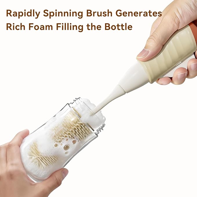 Bottle Brush Set, Innovative Efficient Press-to-Spin Brush Cleaner - Includes Silicone Baby Bottle Brush, Nipple Brush, Straw Cleaner - Spinning Generates Rich Foam for Deep Cleaning, Red