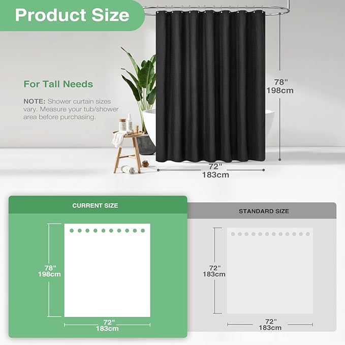 Dynamene Long Black Fabric Shower Curtain - Waffle Textured Tall Heavy Duty Cloth Shower Curtains for Bathroom, 256GSM Large Hotel Spa Luxury Bath Curtain Set with 12 Plastic Hooks(72Wx78H, Black)