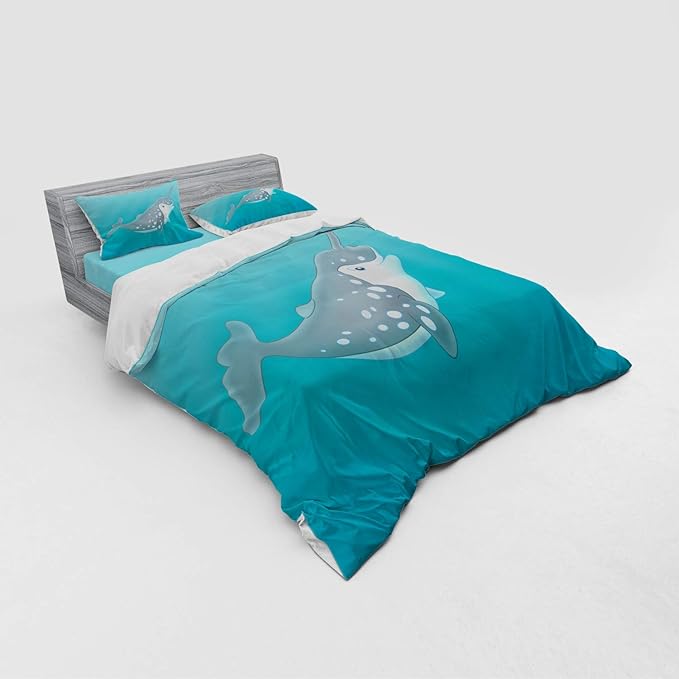 Ambesonne Narwhal Duvet Cover Set, Cartoon Style Drawing of an Arctic Narwhal Whale with White Spots Aquatic, 4 Piece Bedding Set with Shams and Fitted Sheet, Queen Size, Seafoam Grey White