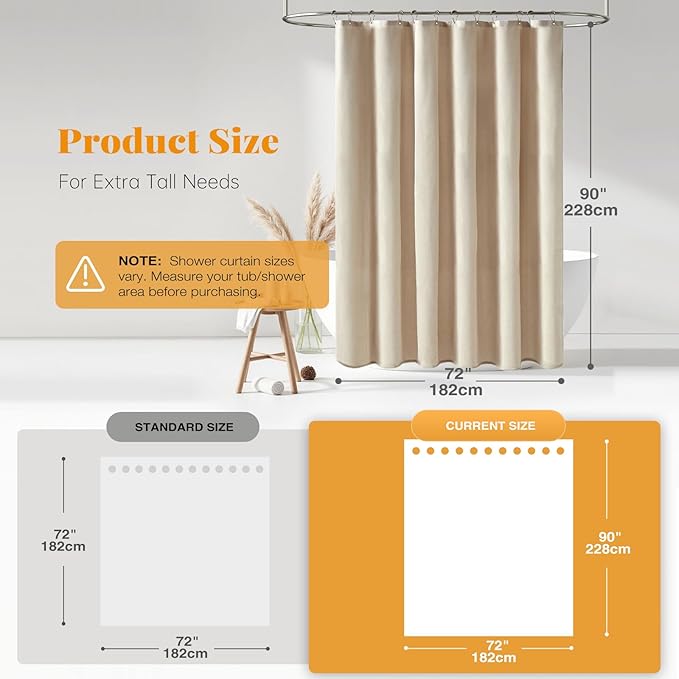 BTTN Extra Long Fabric Shower Curtain - 72 x 90 Inch Linen Textured Heavy Duty Cloth Shower Curtain Set with 12 Plastic Hooks, Large Hotel Luxury Polyester Shower Curtains for Bathroom, Beige/Cream