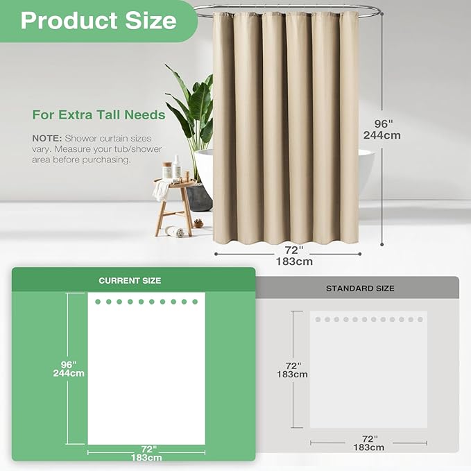 Dynamene Extra Long Shower Curtain,96 Inch Long Waffle Weave Heavy Duty Thick Fabric Bathroom Shower Curtain, Neutral Weighted Hotel Bath Curtain Set with 12 Plastic Hooks,72x96,Beige/Khaki