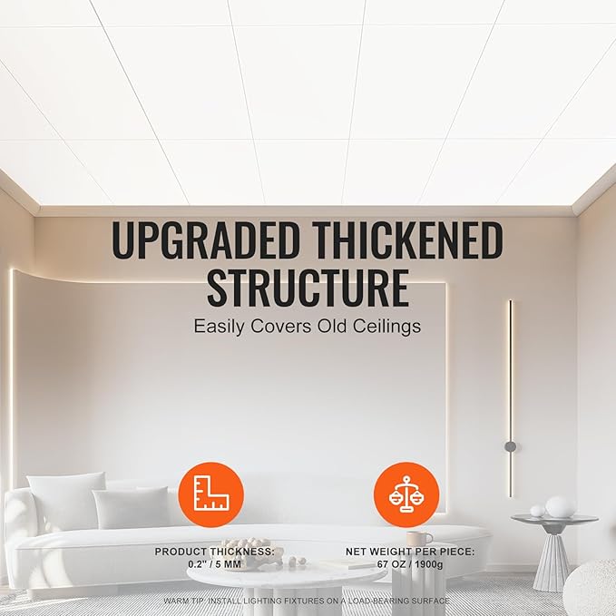 VEVOR Ceiling Tiles, 10-Pack 24 x 48 in, Drop Tiles Premium PVC Foam Sheet, Fire-Rated & Good Flexibility & Easy Installation, Covering for Home/Office Decoration, Smooth White