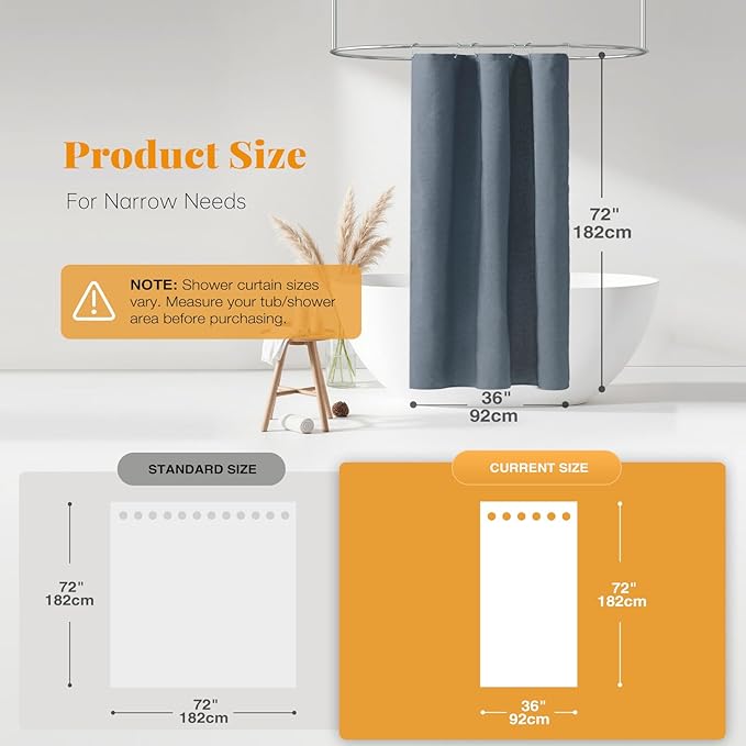 BTTN Fabric Shower Curtain, Linen Textured Heavy Duty Polyester Cloth Shower Curtain Set with Plastic Hooks, Blue Grey, 36x72