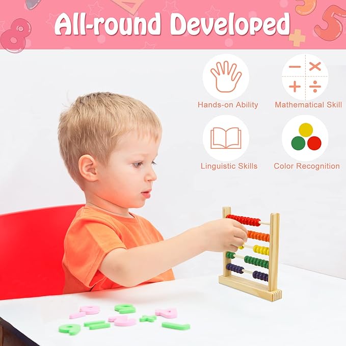 Sealive Wooden Abacus for Kids Math - 50 Beads Counting Toy, Multi-Color Counters for Kids 3-5, Counting Toys for Preschool Learning & Development, Develops Coordination, Motor Skills