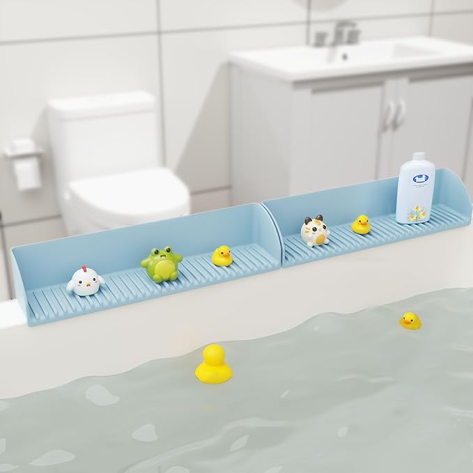 Roslim Bathtub Splash Guard for Tub - Silicone Water Splash Guard with 4 Suction Cups, Bath Toy Holder, Bathtub Play Shelf for Bathing, Bathtub Side Suction Tray, 1Pack, Blue