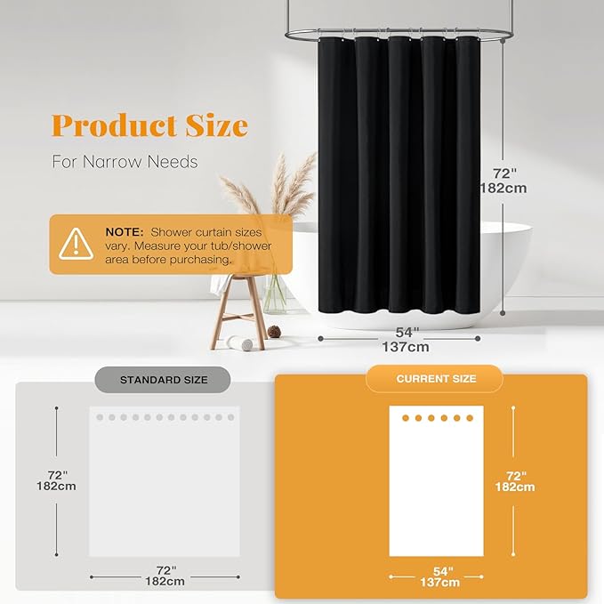 BTTN Stall Fabric Shower Curtain - 54x72 Inch Long Linen Textured Heavy Duty Cloth Shower Curtain Set with 10 Plastic Hooks, Hotel Spa Weighted Waterproof Neutral Bath Curtains for Bathroom - Black