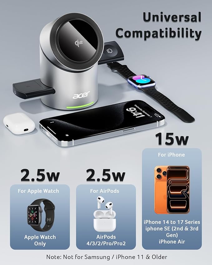 Acer Prime 3 in 1 Charging Station for Apple - Qi2 15W iPhone Wireless Charging Station, Magsafe Charger Stand for iPhone 17 16 15 14 13 12 - Apple Watch - Airpods Series (Charger & USB-C Included)