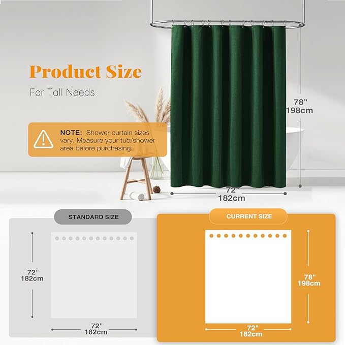 BTTN Long Fabric Shower Curtain, 78 Inch Linen Textured Heavy Duty Polyester Cloth Shower Curtain Set with 12 Plastic Hook, Hotel Luxury Waterproof Shower Curtain for Bathroom - 72x78, Emerald Green