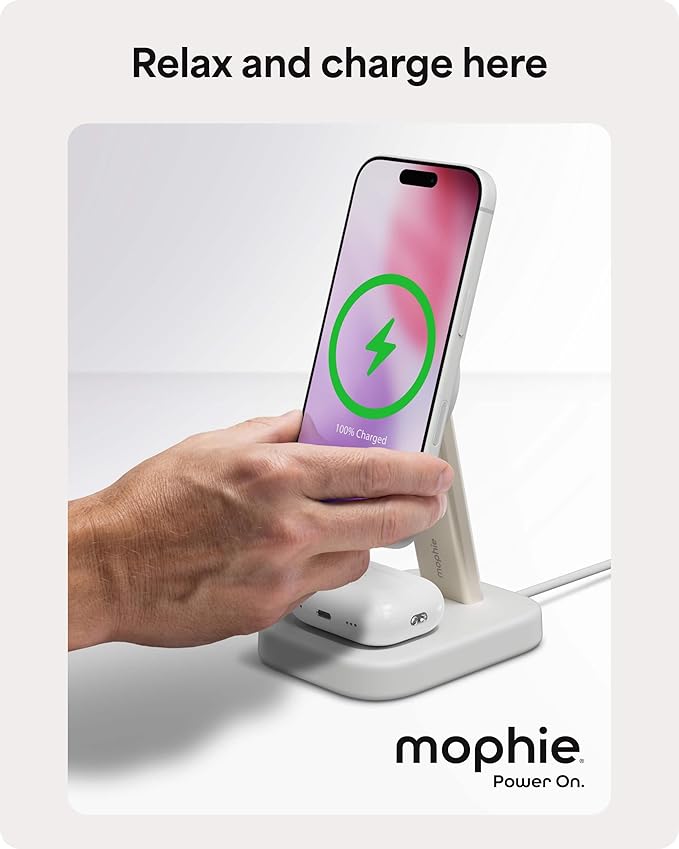 Mophie 2-in-1 Wireless Charging Stand - Qi2-Certified, MagSafe Charger for iPhone & AirPods – Fast Charging Station with Adjustable Phone Stand & Cable Management – Up to 15W Power