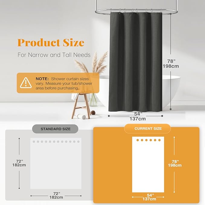 BTTN Stall Fabric Shower Curtain, 54x78 Inch Long Linen Cloth Heavy Duty Thick Shower Curtain Set with 10 Plastic Hooks, Hotel Spa Weighted Waterproof Neutral Bath Curtains for Bathroom, Charcoal Grey