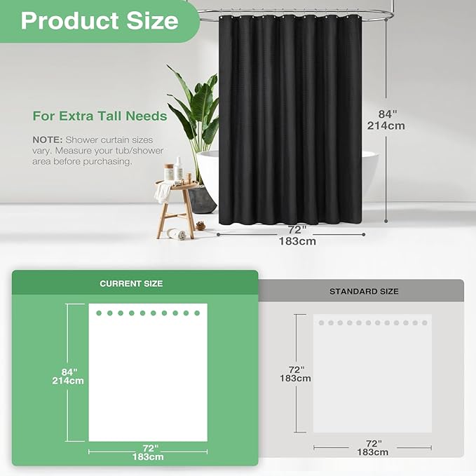 Dynamene Extra Long Fabric Shower Curtain - Waffle Weave 84 Inches Long Heavy Duty Cloth Shower Curtains for Bathroom, 256GSM Large Hotel Luxury Bath Curtain Set with 12 Plastic Hook, 72Wx84H, Black