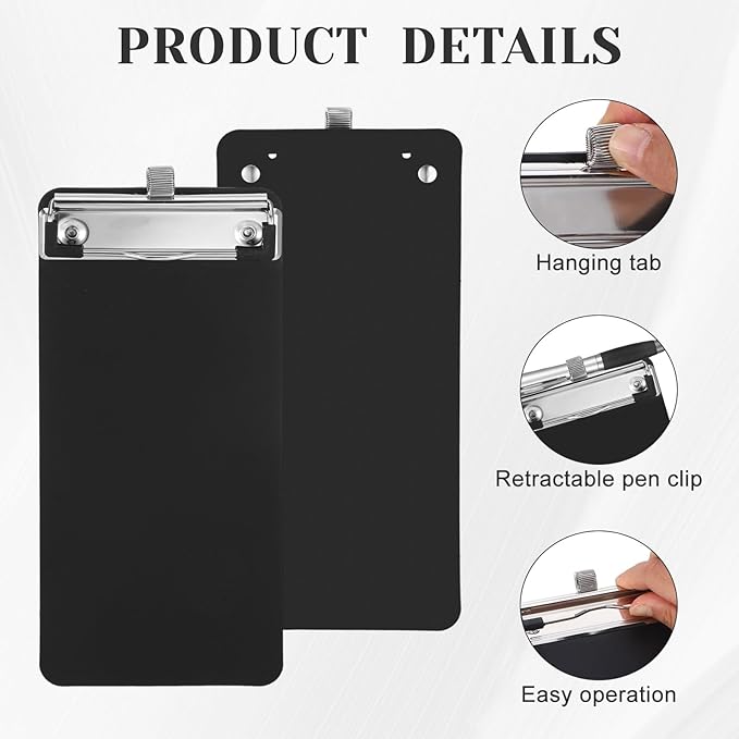 4 Pack Small Clipboards with Pen Holder 4X 8.66inch, Plastic Receipt Size Black Clipboard, Mini Clipboard with Retaining Clips, Narrow Memo Size Notepads for Tickets Home Restaurants Office School