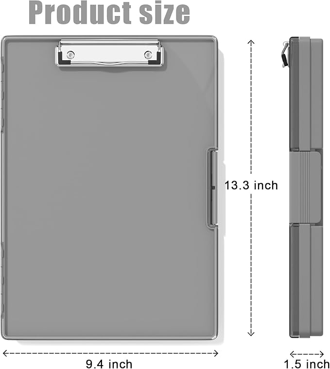 Hongri Clipboard with Storage, Grey 8.5 x 11 Folder Nursing Side Opening, Heavy Duty with Dual Compartment, Dry Erase Clear Cover, Smooth Writing for Teachers, Classroom, Office & School Supplies