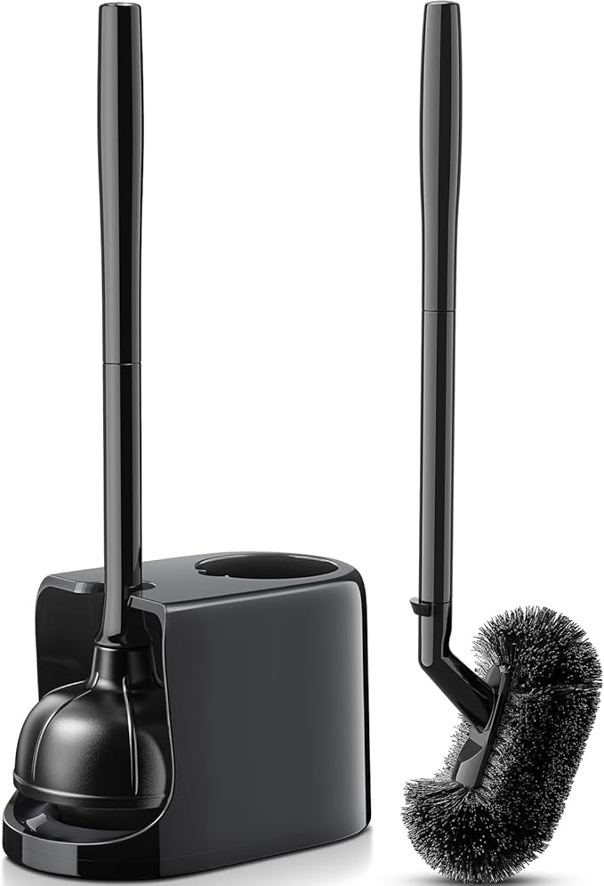 HAMITOR Toilet Plunger Bowl Brush Combo：Heavy Duty Rubber for Drain Clog Remover - Curved Design Bristles for Deep Cleaning Under Rim - Compact Bathroom Cleaning Tools for New Homet Essentials - Black
