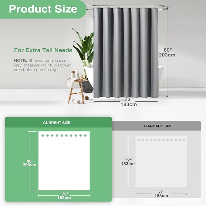 Dynamene Long Fabric Shower Curtain - Waffle Textured Tall Heavy Duty Cloth Shower Curtains for Bathroom, 256GSM Large Hotel Spa Luxury Bath Curtain Set with 12 Plastic Hooks(72Wx80H, Grey/Gray)