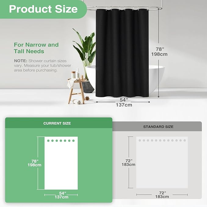 Dynamene Stall Fabric Shower Curtain - 54x78 inch Long Waffle Weave Weighted Thick Cloth Shower Curtains for Bathroom,Neutral Heavy Duty Hotel Spa Luxury Bath Curtain Set with 10 Plastic Hooks,Black