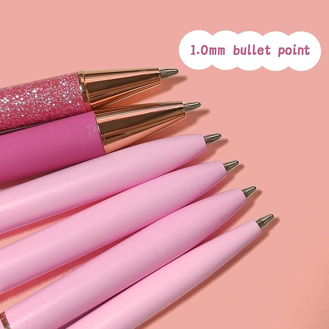 Pink Pens for Women, 6 Pcs Cute Pens Ballpoint Pen Bulk, 1.0mm Medium Point Black Ink, Office and School Supplies Fancy Nice Pen Gifts for Girls Nurse Teacher (Pink)